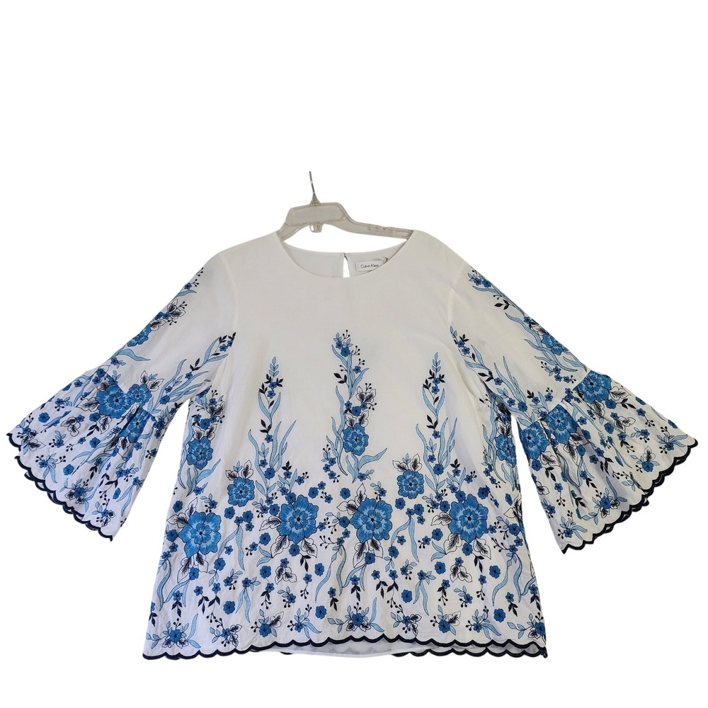 Calvin Klein Womens XL White Blue Floral Embroidered Bell Sleeve Blouse M8CAW685